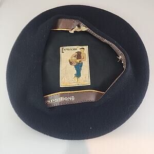Vintage Exposition (Exposicion) Wool Black Beret - Leather Band - 53cm